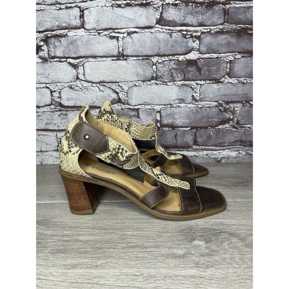 Fidji Ivory Leather Snake Skin Anke Strap Print Brown Heel Sandals Women 38.5EU - Picture 3 of 16